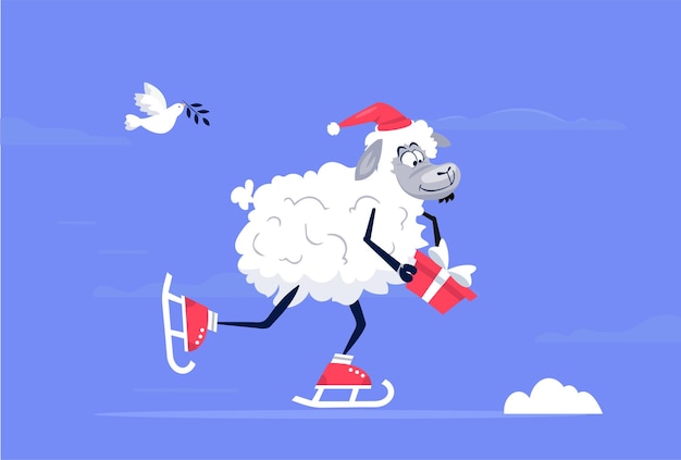 Vector cute winter sheep ice skating with gift and dove of peace new year and christmas card