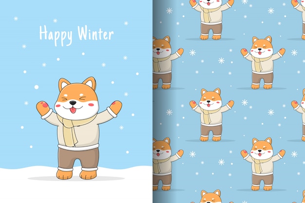 Cute winter shiba inu seamless pattern and card