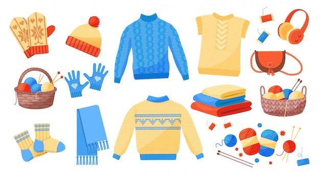 Cute winter warm knitted clothes set vector