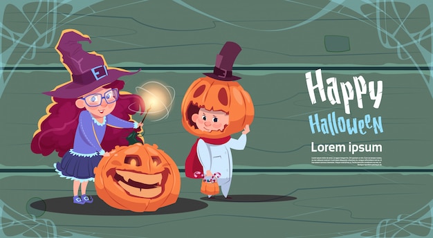 Милая ведьма и чучело, концепция праздника happy banner halloween party