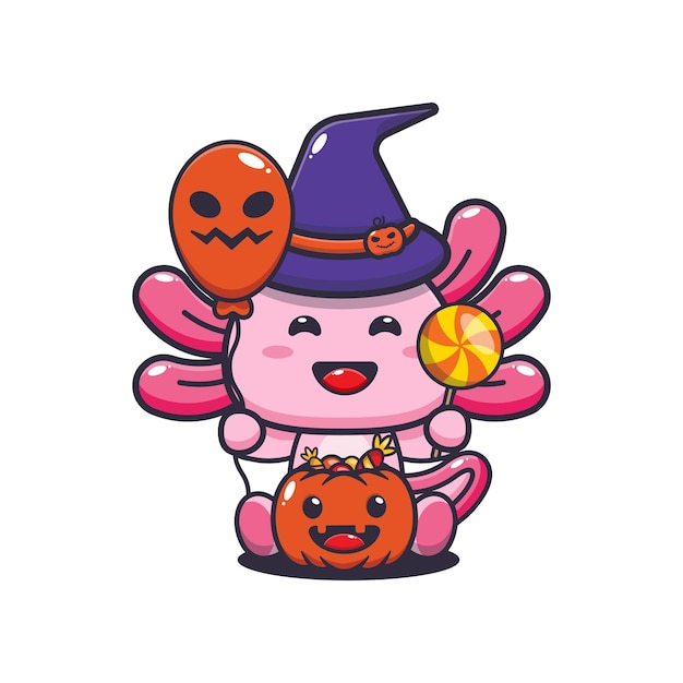 Милая ведьма аксолотль держит воздушный шар и конфеты на хэллоуин. Симпатичная иллюстрация к хэллоуину.