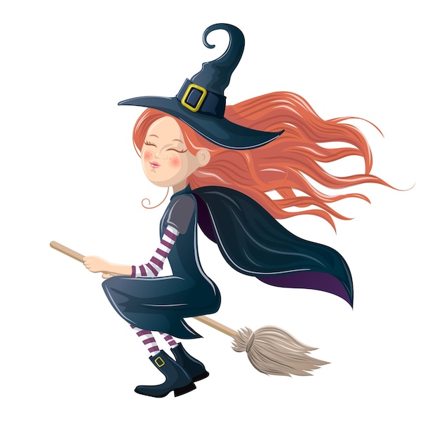 Cute witch on a broom cartoon illustration Halloween theme