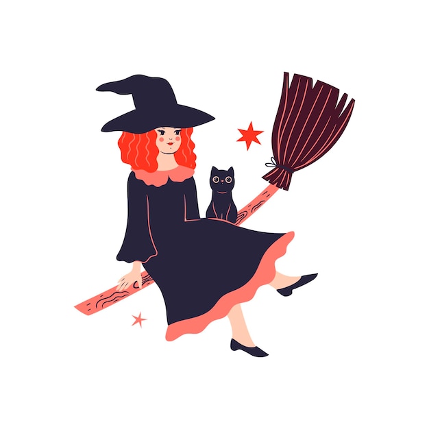 Cute witch on a broomstick isolated on white background