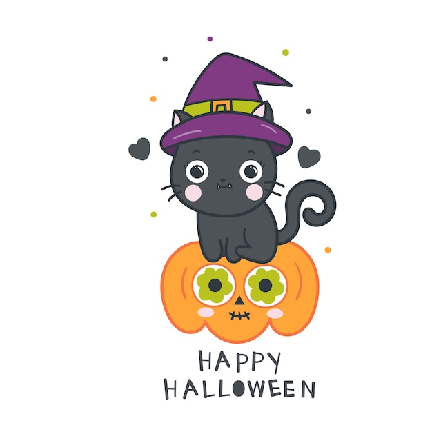 Vector cute witch cat halloween on pumpkin cartoon