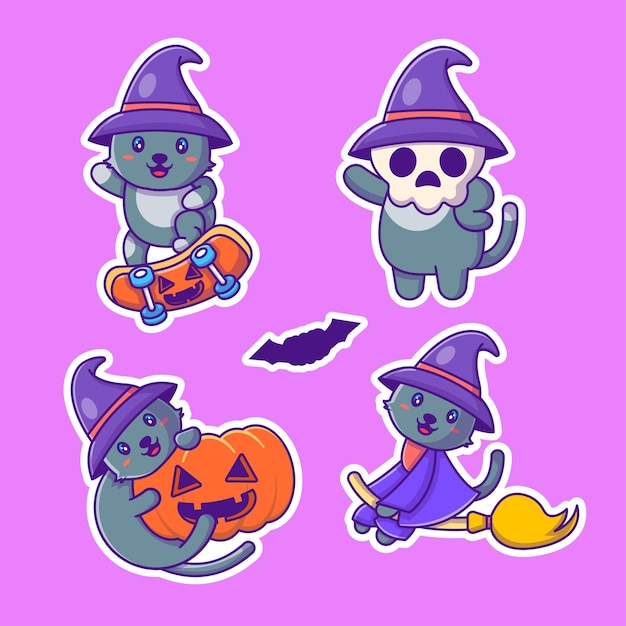 Cute witch cat and pumpkin happy halloween sticker pack