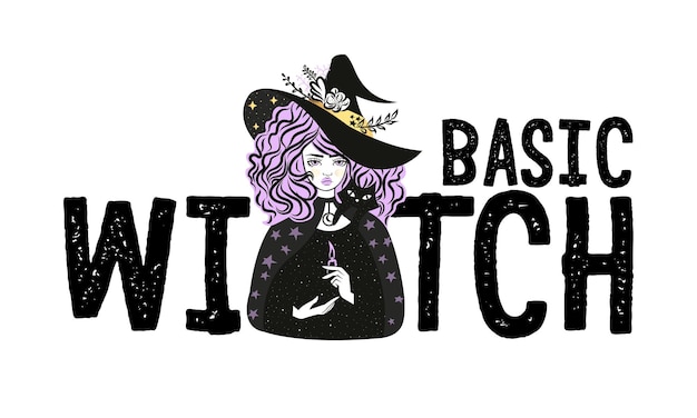 Cute witch and cat wearing hat Vector illustration Basic Witch slogan