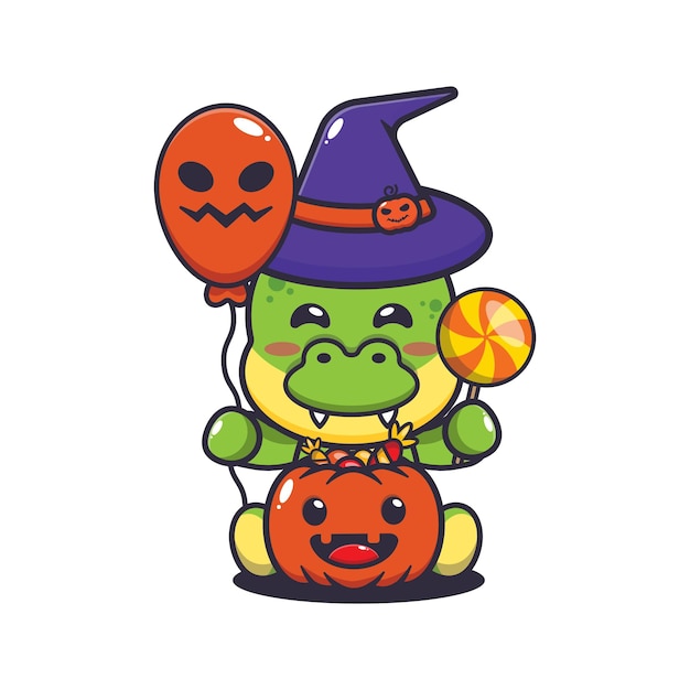 Cute witch dino holding halloween balloon and candy. 
Cute halloween cartoon illustration.