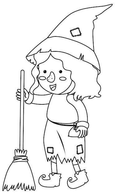 Cute witch doodle outline for colouring