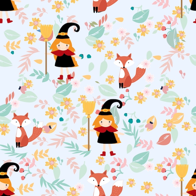 Cute witch and fox in floral seamless pattern