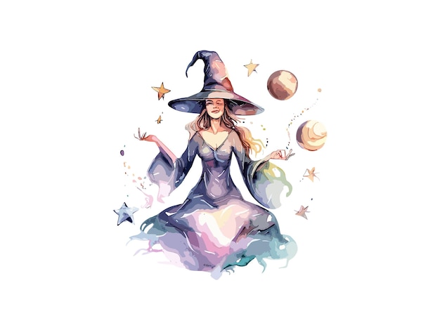 Cute witch Girl in a hat on a white background Decorated by flowers graphic illustration clipart