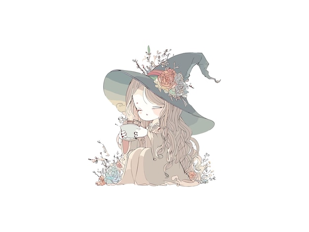 Vector cute witch girl in a hat on a white background decorated by flowers graphic illustration clipart