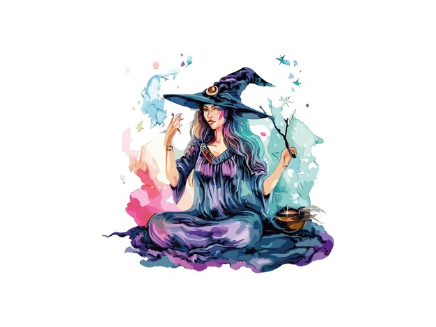 Вектор Симпатичная девушка-ведьма в шляпе на белом фоне, украшенная цветами графическая иллюстрация клипарт