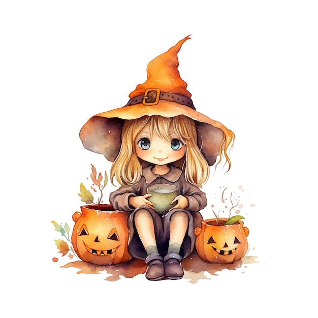 Cute witch girl and pumpkin cartoon character