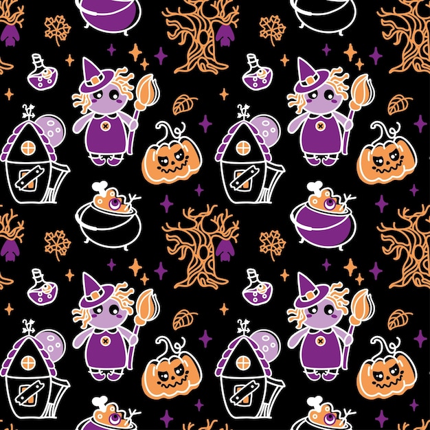 Vector cute witch on halloween night happy halloween children's print seamless pattern