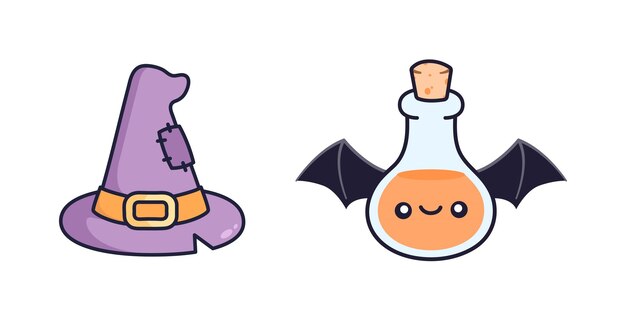 Vector cute witch hat and bat potion illustration