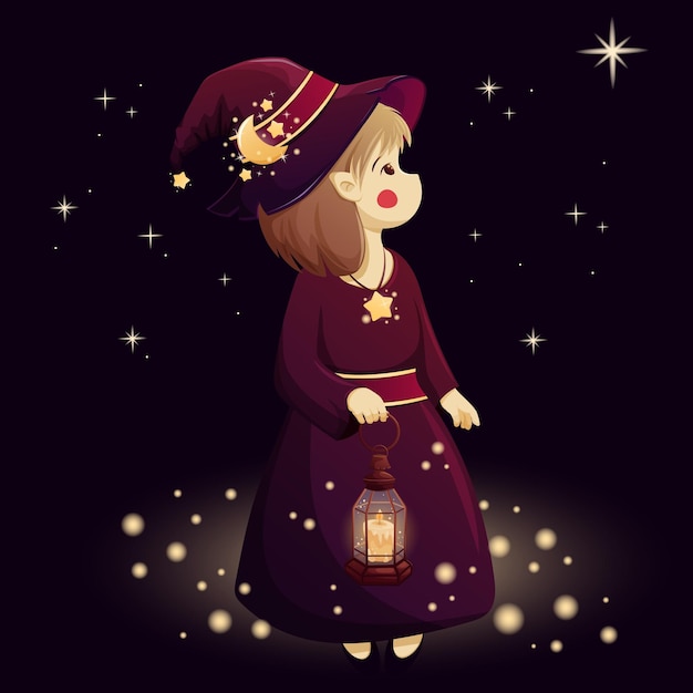 Cute witch in hat and with lantern on starry background