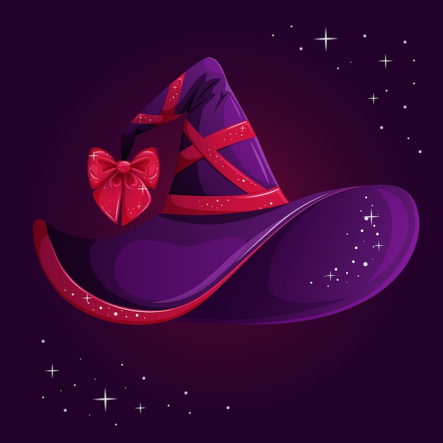 Vector cute witch hat with pink ribbon and bow on starry background