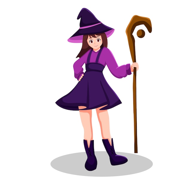 cute witch holding a magic wand illustration