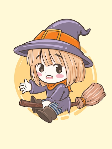 かわいい魔女が魔法のほうき-ハロウィーンの漫画キャライラストを使用して飛んでいます。