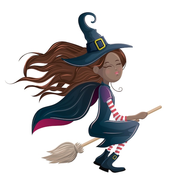 Вектор Милая ведьма на метле мультяшная иллюстрация тема хэллоуина