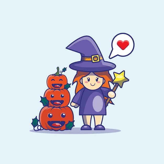 귀여운 마녀와 호박 만화 그림입니다. hallowen 아이콘 개념입니다.