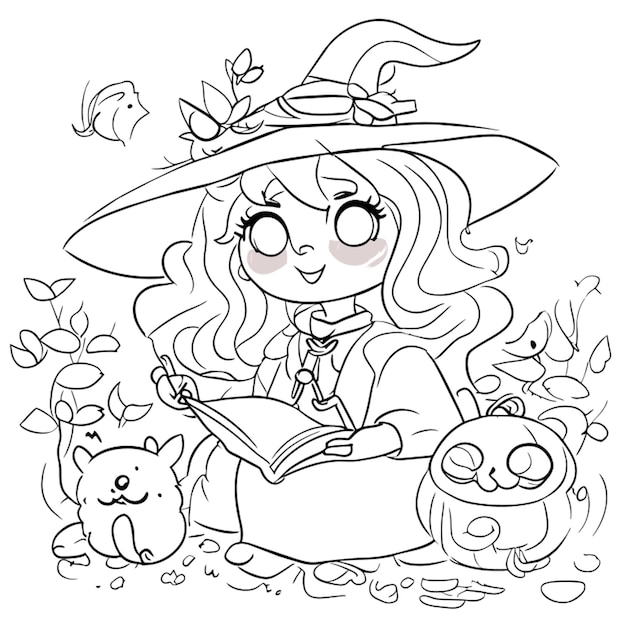 Vector cute witch stuff vector illustration line art