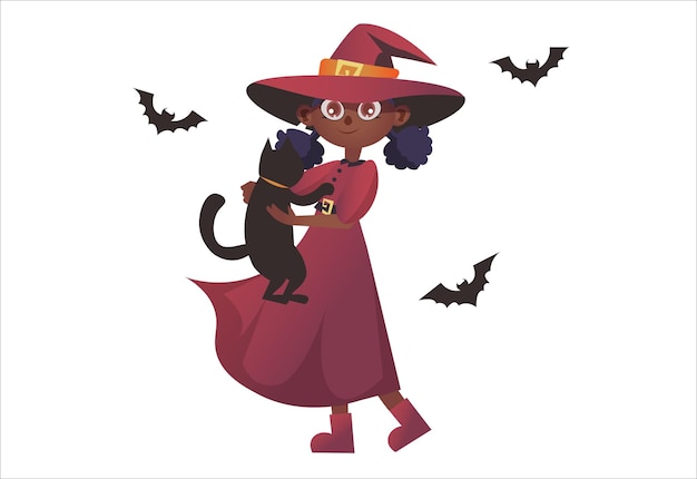 cute witch with a black cat in her arms in a red dress with gradients and bats