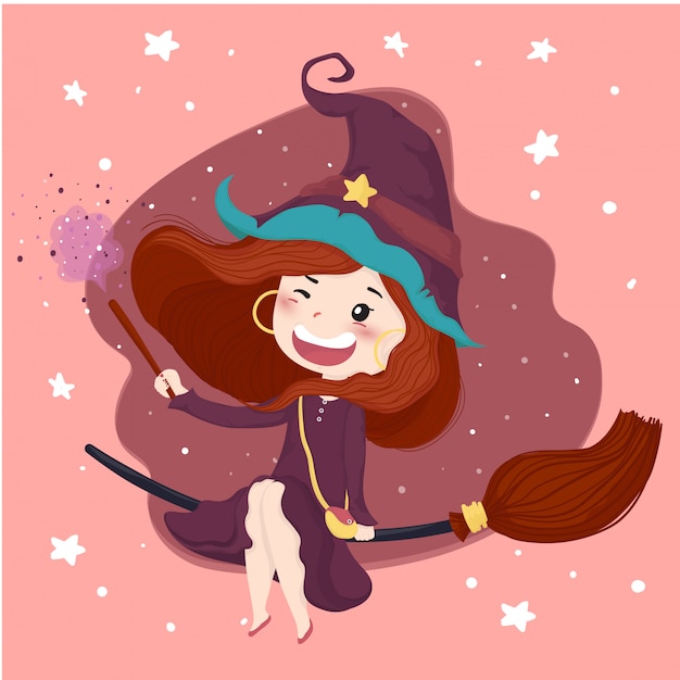 Cute witch with magic stick halloween background in purple dress ride a bloom, flat vector character