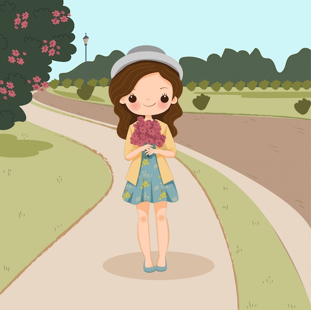 Cute with flower cartoon character,vector isolated with background.