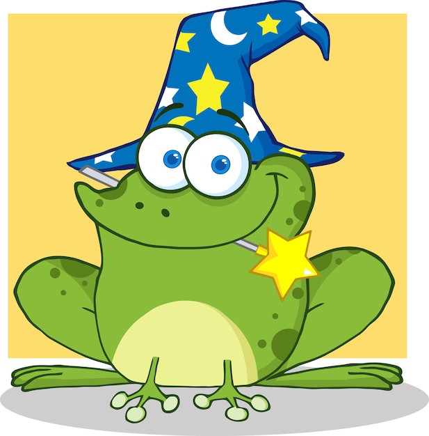 Симпатичная лягушка-волшебник с волшебной палочкой во рту. векторная иллюстрация с фоном