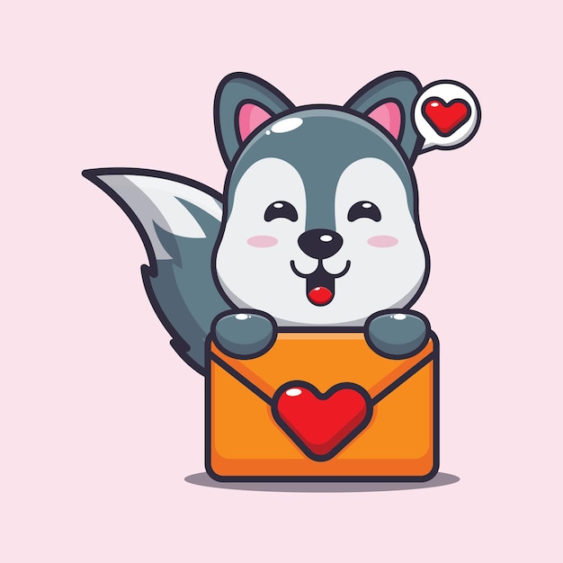 cute wolf cartoon character with love message