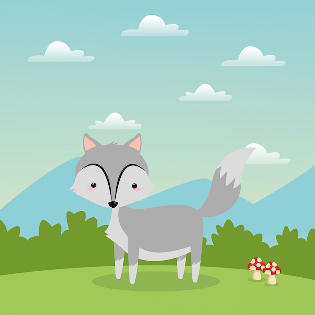 cute wolf cartoon icon over landscape