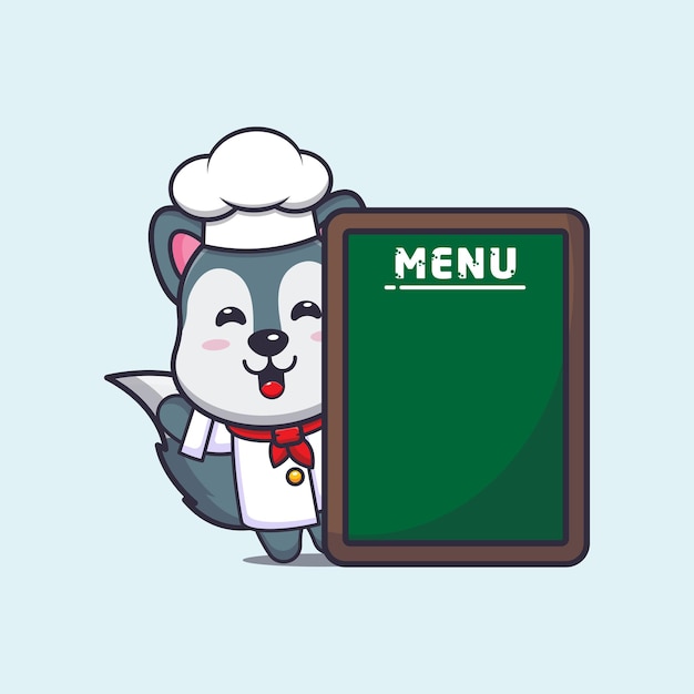 Simpatico personaggio dei cartoni animati della mascotte del cuoco unico del lupo con la scheda del menu