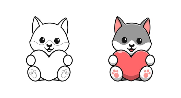 Cute wolf holding love cartoon coloring pages for kids