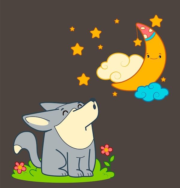 Simpatico lupo ulula cartone animato. lupo ulula luna notte clipart illustrazione vettoriale