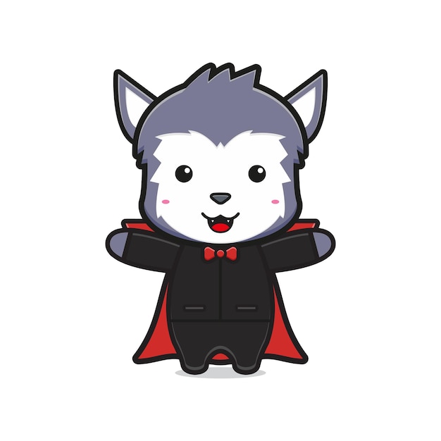 Simpatico lupo indossa costume da vampiro halloween mascotte icona cartone animato illustrazione piatto stile cartone animato