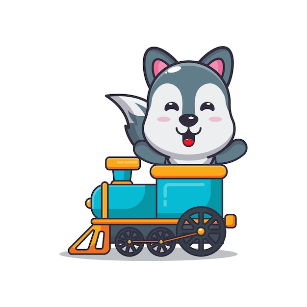 기차를 타고 귀여운 늑대 마스코트 만화 캐릭터