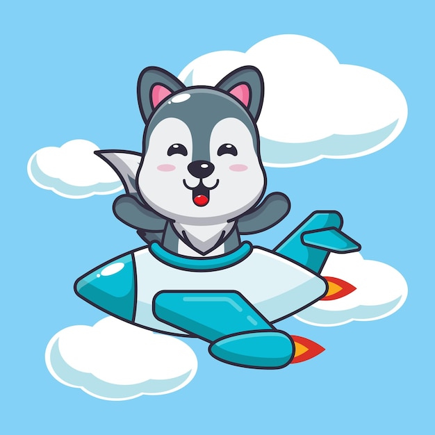 cute wolf mascot cartoon character ride on plane jet