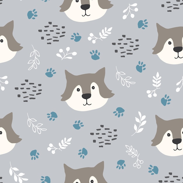 Cute wolf Seamless pattern Vector illustration