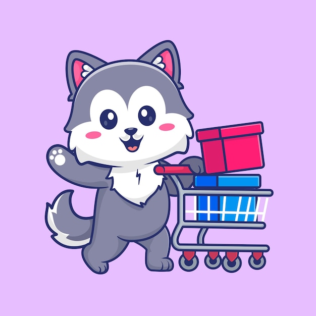 Cute wolf shopping with trolley cartoon vector icon illustration animal business isolated flat