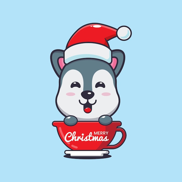 컵에 산타 모자를 쓰고 귀여운 늑대입니다. 귀여운 크리스마스 만화 그림입니다.