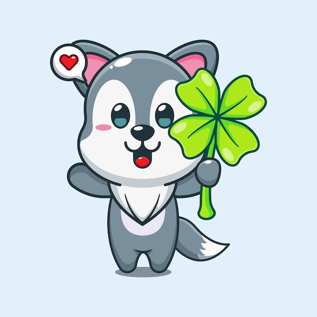 cute wolf with clover leaf cartoon vector illustration