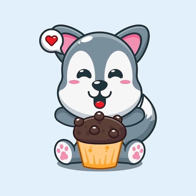 cute wolf with cup cake cartoon vector illustration