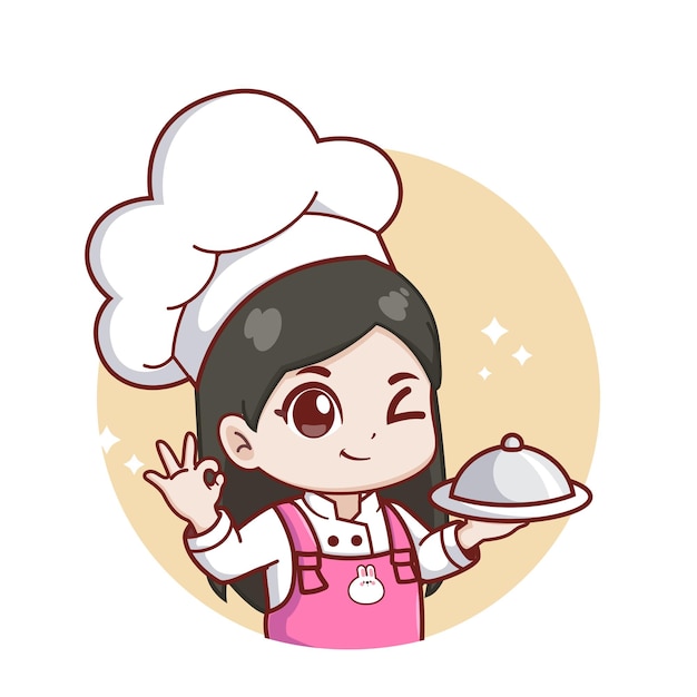 Cute woman chef holding cloche food tray hand drawn logo cartoon art illustration