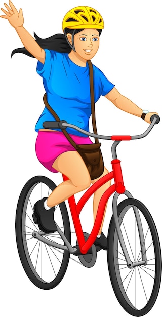 Vector cute woman cycling and waving