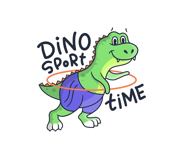 The cute woman dino does fitness exercises. cartoonish sport dinosaur with lettering phrase - sport time.