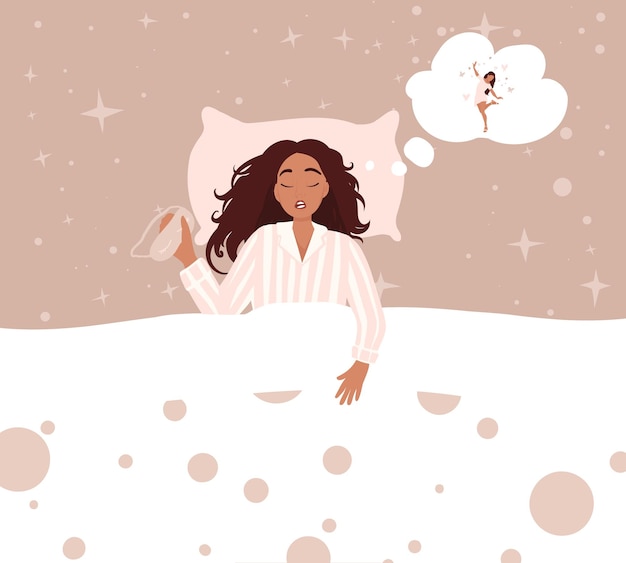 Cute woman dreaming, concept of healthy sleeping. Sweet dreams, mental health