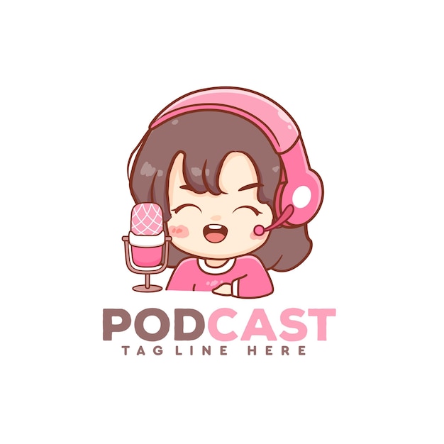 Cute woman girl character youtuber podcast with mic and headphone logo