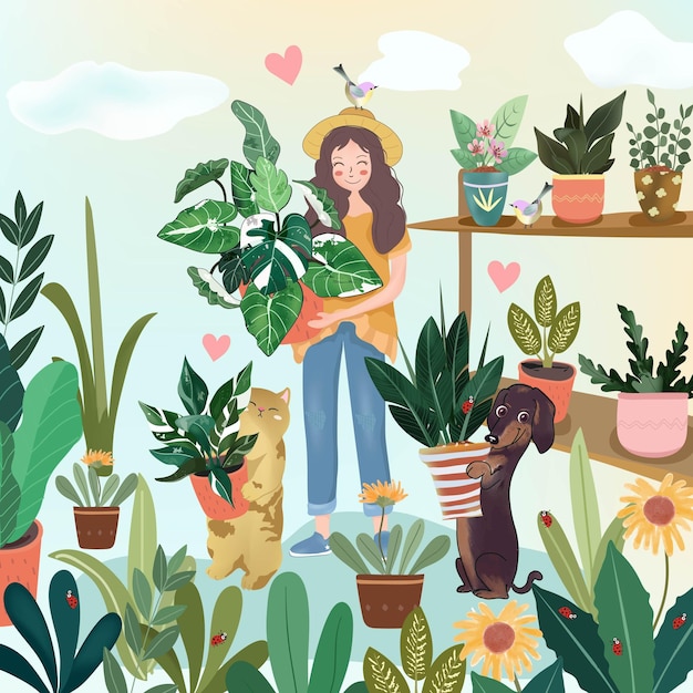 Vector cute woman and her pet with beautiful plants