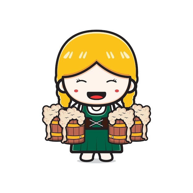 Cute woman holding beer oktoberfest celebration poster cartoon icon illustration